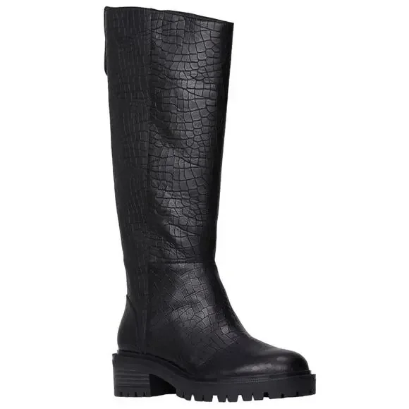 Paige Bella Black Tall/Knee High Boots Sz 9.5 Croc Embossed Leather Lug Sole New